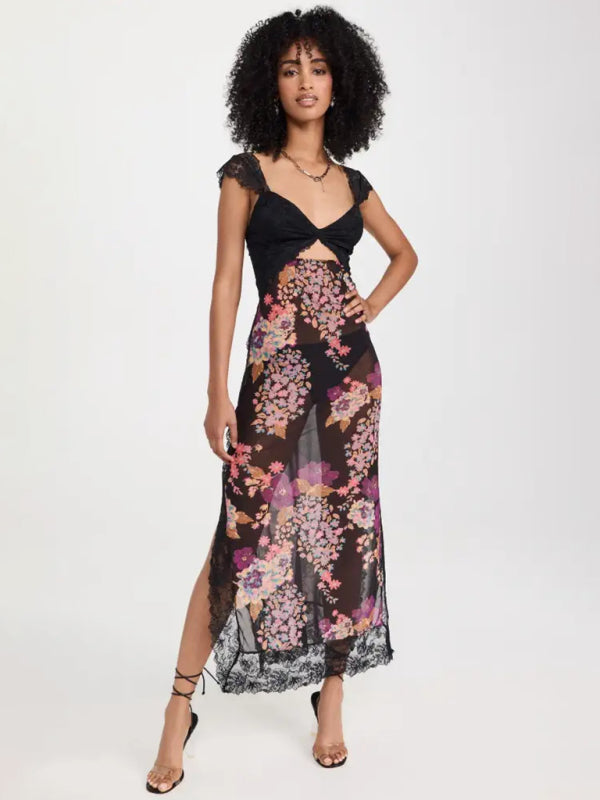 Levoire | Robe Maxi Florale Élégante Transparente Dos Noir