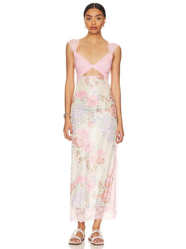 Levoire | Robe Maxi Florale Élégante Transparente Dos Rosa