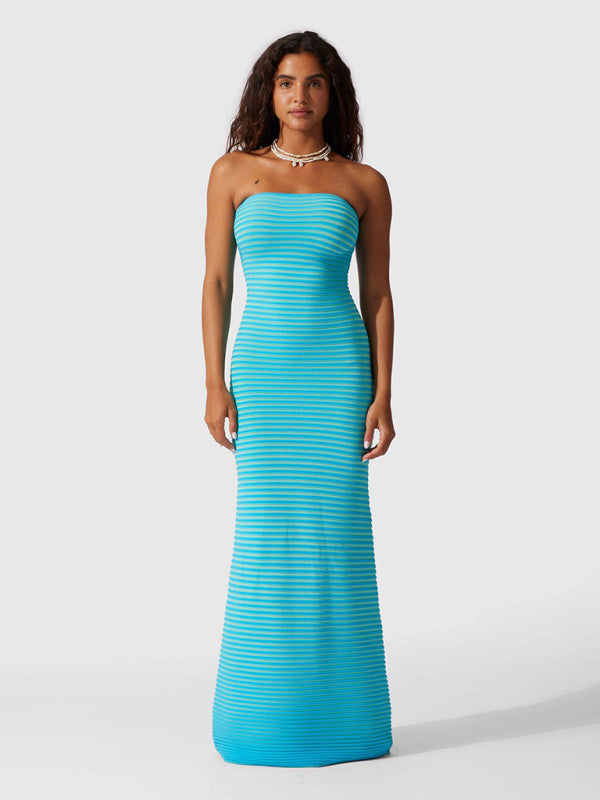 Levoire | Col montant long tricot rayé étroit sexy ajustement slim robe de hanches