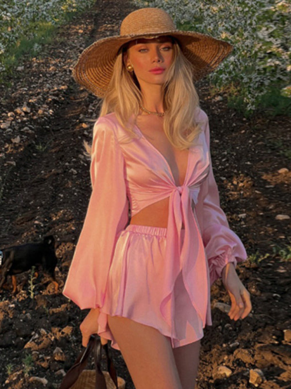 Levoire | Nouveau haut V à manches courtes, ensemble sexy à shorts sans aimant de style vacances