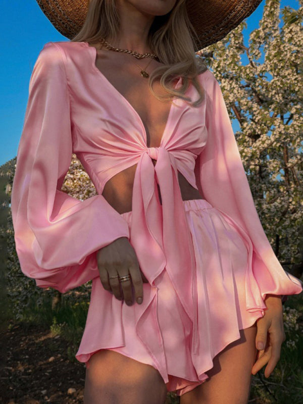 Levoire | Nouveau haut V à manches courtes, ensemble sexy à shorts sans aimant de style vacances Rosa