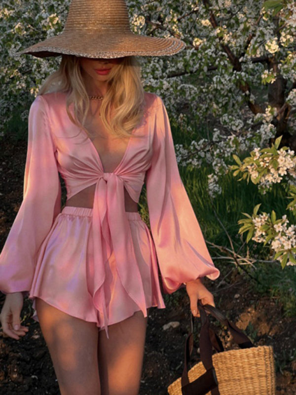 Levoire | Nouveau haut V à manches courtes, ensemble sexy à shorts sans aimant de style vacances