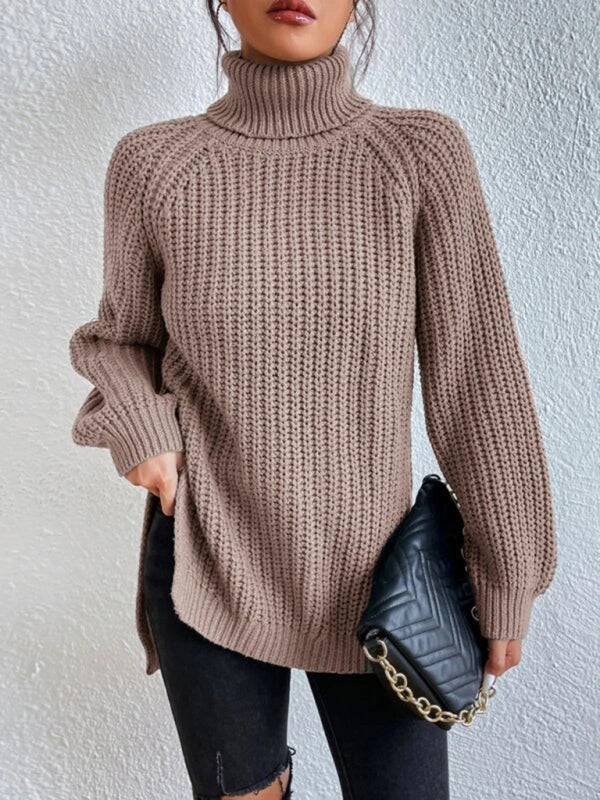 Levoire | Pour femmes pull décontracté col rond fente pull ample Kaki