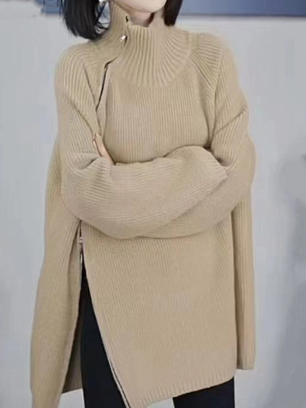 Levoire | Chemise à col roulé pour femmes avec design à fermeture éclair sur le côté Khaki VAPAAT TAILLE