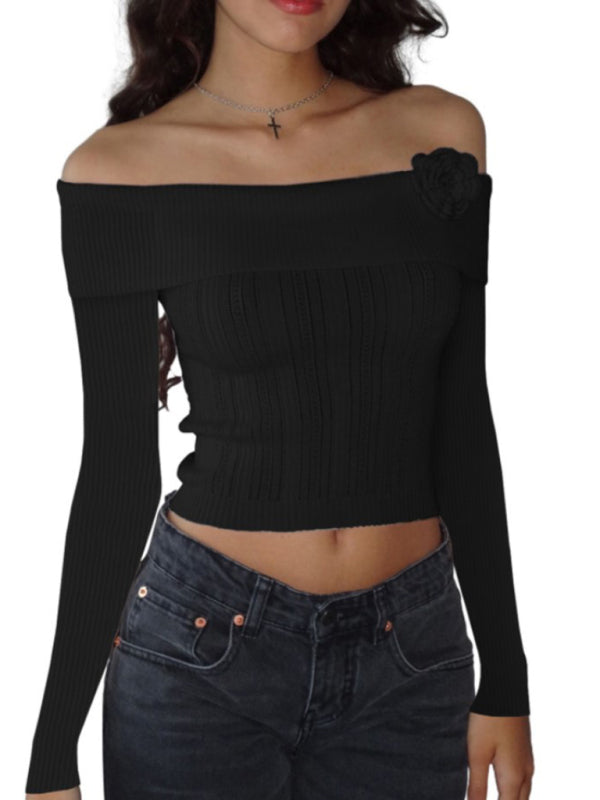 Levoire | Sexy à une épaule pull à manches longues floral tridimensionnel Musta