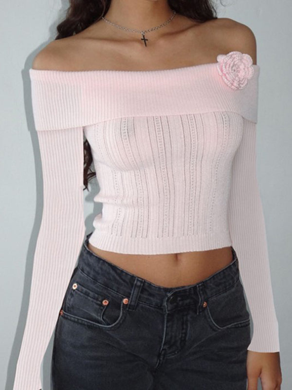 Levoire | Sexy à une épaule pull à manches longues floral tridimensionnel Rosa