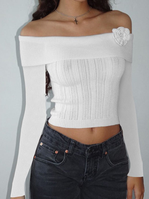 Levoire | Sexy à une épaule pull à manches longues floral tridimensionnel Blanc
