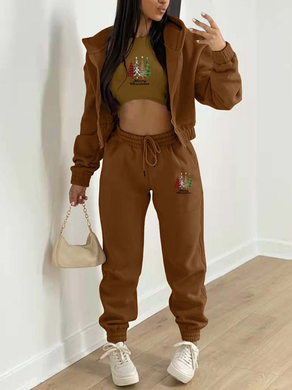 Levoire | Nouveau hoodie en polaire avec imprimé de sapin de Noël, vêtement de sport et de loisirs (trois pièces) Braun
