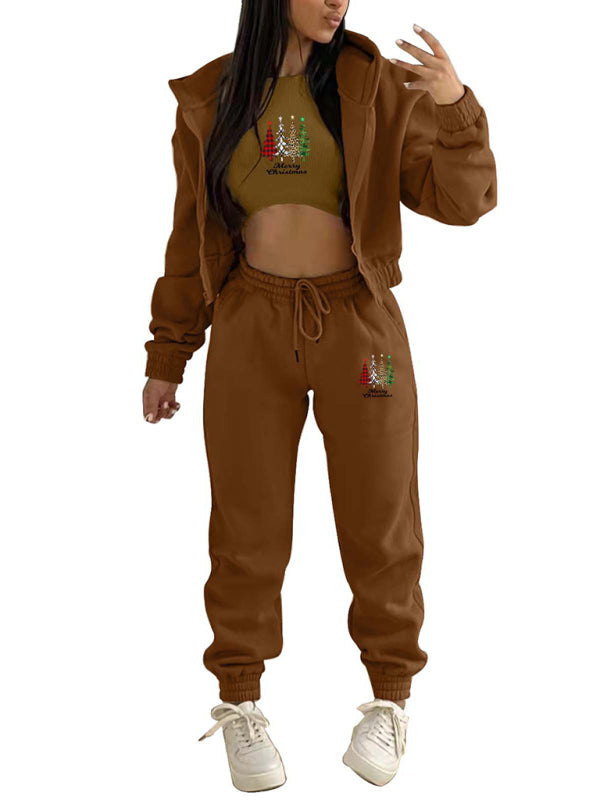 Levoire | Nouveau hoodie en polaire avec imprimé de sapin de Noël, vêtement de sport et de loisirs (trois pièces)