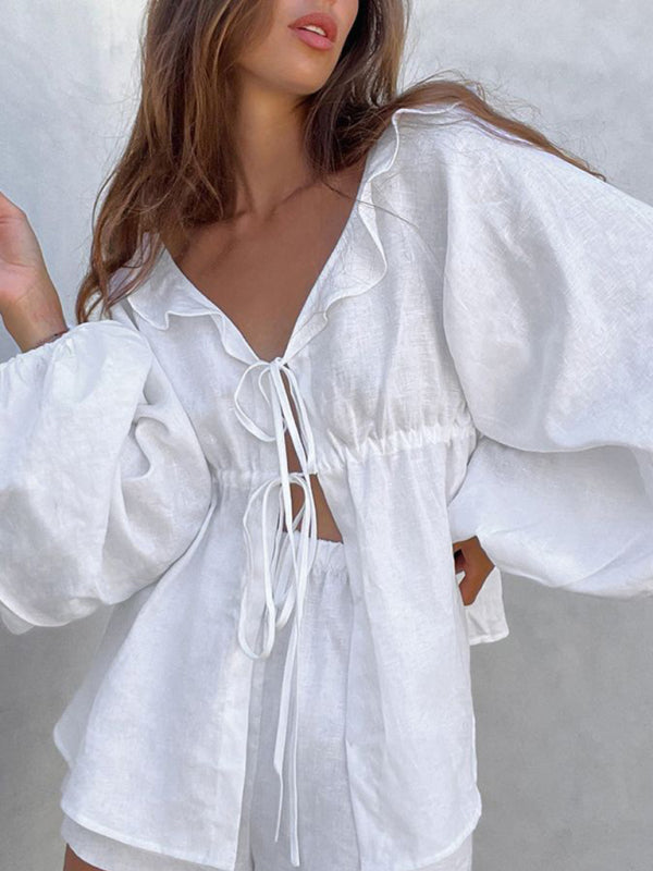 Levoire | Nouvelle Mode Puffer V-Élargissement Ruban Volants Robe Décontractée et Confortable de Tous les Jours