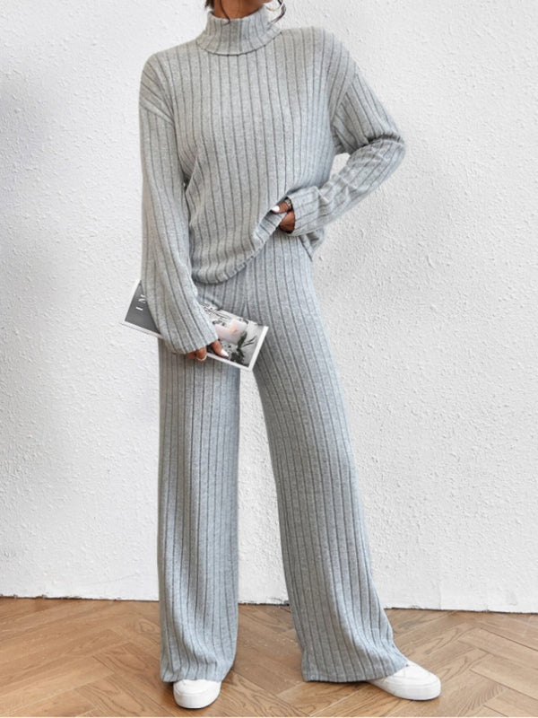 Levoire | Magnifique haut col tricoté ensemble à manches longues pour femmes à deux pièces Gris