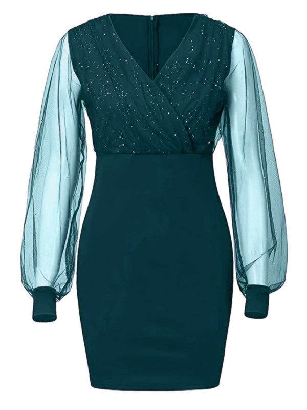 Levoire | Robe à manches longues à encolure en V en sequins slim pour femmes