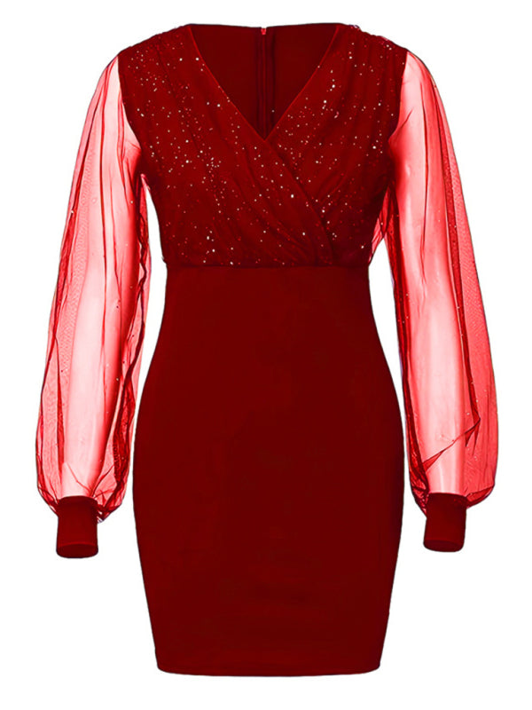 Levoire | Robe à manches longues à encolure en V en sequins slim pour femmes