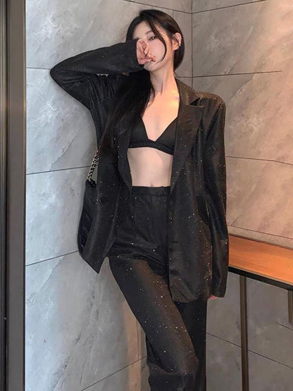 Levoire | Nouveau débardeur, pantalons droits ajustés à taille haute, ensemble de robe à sequins sexy (ensemble trois pièces)