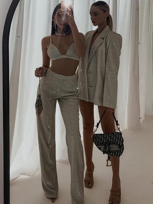 Levoire | Nouveau débardeur, pantalons droits ajustés à taille haute, ensemble de robe à sequins sexy (ensemble trois pièces)