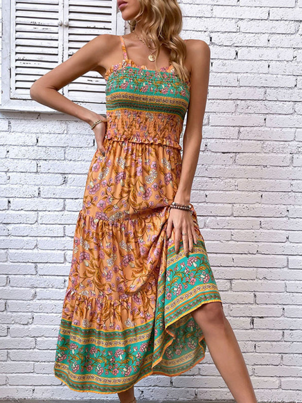 Levoire | Nouvelle Femme Temps libre Vacances Bohème Fleur Imprimé Sans manches Robe Orange