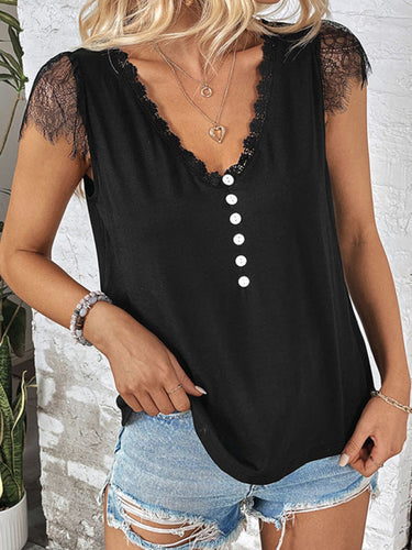 Levoire | Femmes nouveau à manches courtes V-décolleté patchwork dentelle top