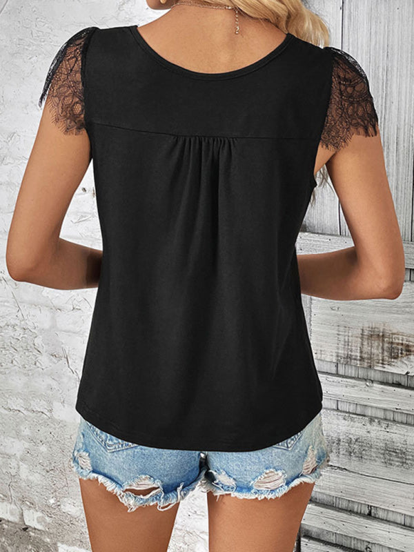 Levoire | Femmes nouveau à manches courtes V-décolleté patchwork dentelle top