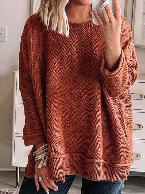 Levoire | Femme sombre motif simple tricot col rond ample chemise à manches longues Orange