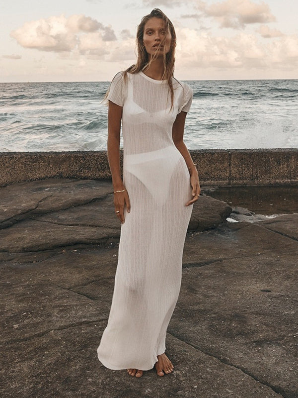 Levoire | Nouvelle robe tricotée ample à rayures avec encolure ronde et taille cintrée transparente féminine.