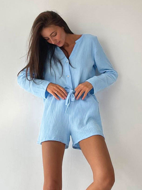 Levoire | Robe-Shorts à Manches Longues Dehors Décontractée pour Femmes Vêtements de Maison Bleu