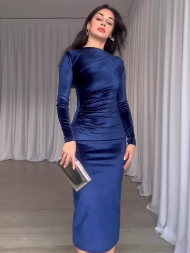 Levoire | Nouvel accessoire de mode Ajusté Slim Fit Plissé Col rond à manches longues robe