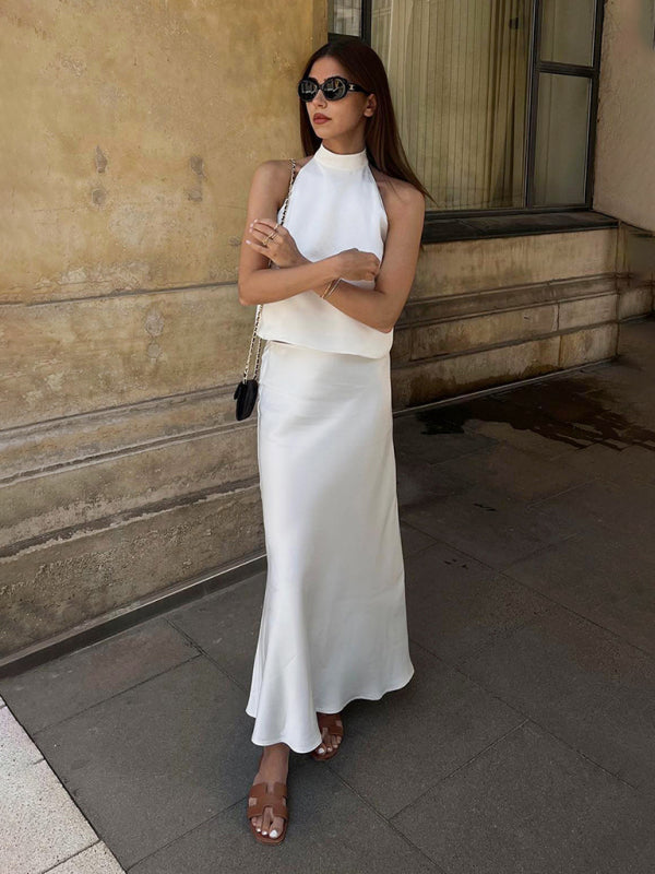 Levoire | Nouveau haut en satin français dos nu halter taille haute jupe ensemble deux pièces Blanc