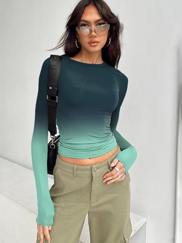 Levoire | Impression numérique dégradé de couleur Col rond t-shirt de base à manches longues