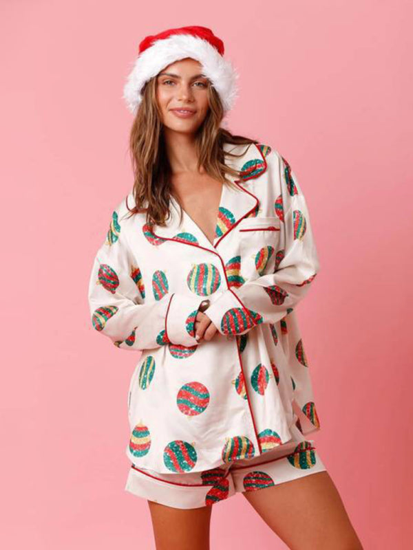 Levoire | Femmes Nouveau Satin Carreaux Imprimé Noël Homme Loisirs Shorts Manches Longues Vêtements D'intérieur Costume de Pyjama Ensemble