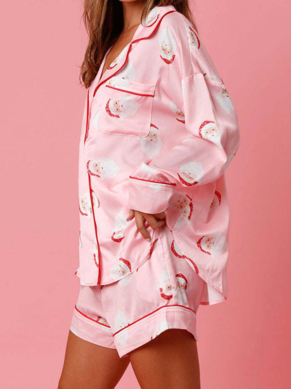 Levoire | Femmes Nouveau Satin Carreaux Imprimé Noël Homme Loisirs Shorts Manches Longues Vêtements D'intérieur Costume de Pyjama Ensemble