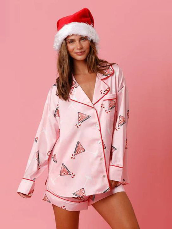 Levoire | Femmes Nouveau Satin Carreaux Imprimé Noël Homme Loisirs Shorts Manches Longues Vêtements D'intérieur Costume de Pyjama Ensemble
