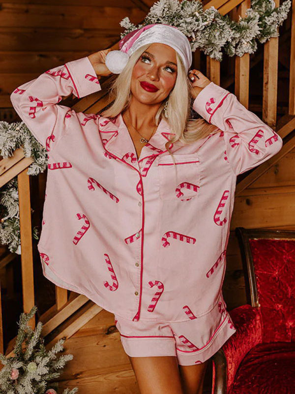 Levoire | Femmes Nouveau Satin Carreaux Imprimé Noël Homme Loisirs Shorts Manches Longues Vêtements D'intérieur Costume de Pyjama Ensemble Rosa