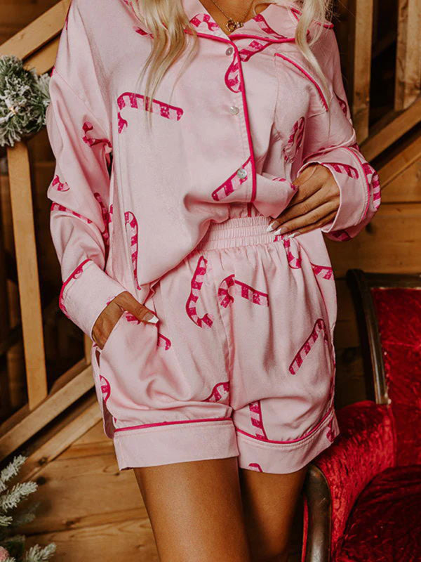 Levoire | Femmes Nouveau Satin Carreaux Imprimé Noël Homme Loisirs Shorts Manches Longues Vêtements D'intérieur Costume de Pyjama Ensemble