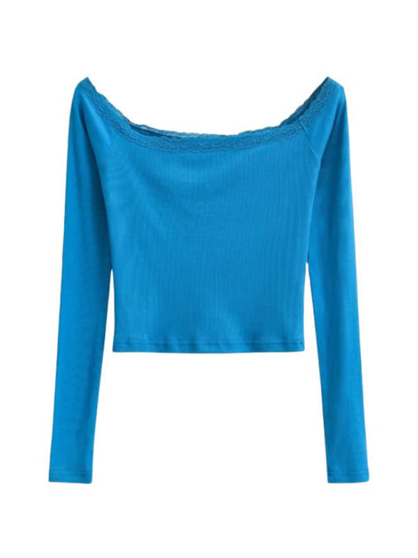 Levoire | Femmes Boot-U-coupe T-shirt à manches longues Patchwork en dentelle Sininen