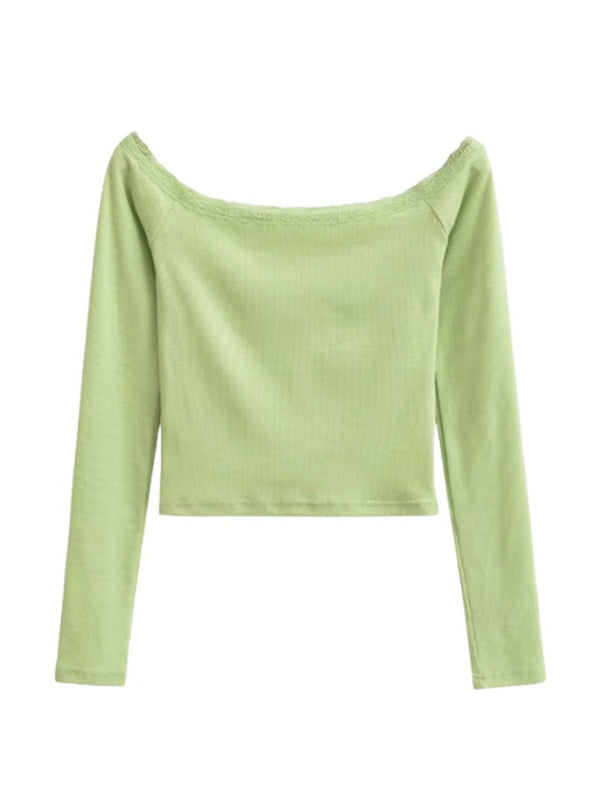 Levoire | Femmes Boot-U-coupe T-shirt à manches longues Patchwork en dentelle Vert