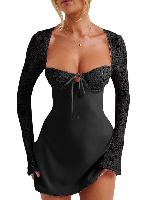Levoire | Femmes Sexy Étroit Slim Fit Dos Nu Français Robe Longue à Manches Musta