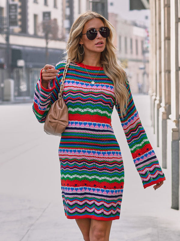 Levoire | Robe pull longue en patchwork à rayures pour femmes