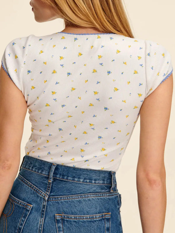 Levoire | Femmes Nouvelle Simple et Polyvalente Tricotée Française Rétro Quadratique Col U Slim Fit Stretch Imprimé T-shirt