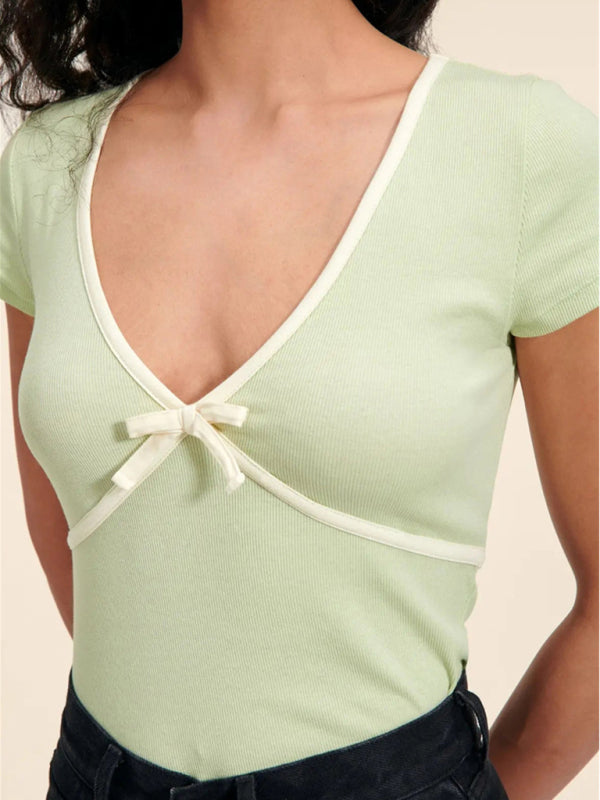 Levoire | Pour Femmes Nouvelle Couleur Profonde V Couleur Contrastée Slim Fit T-shirt En Coton Pur