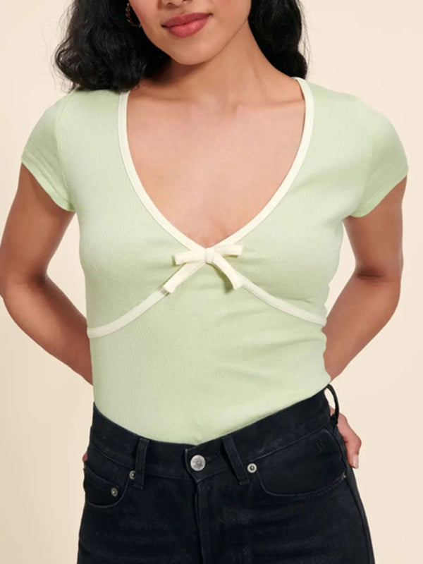Levoire | Pour Femmes Nouvelle Couleur Profonde V Couleur Contrastée Slim Fit T-shirt En Coton Pur