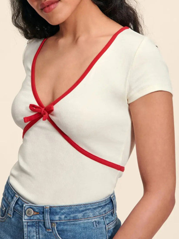 Levoire | Pour Femmes Nouvelle Couleur Profonde V Couleur Contrastée Slim Fit T-shirt En Coton Pur Blanc