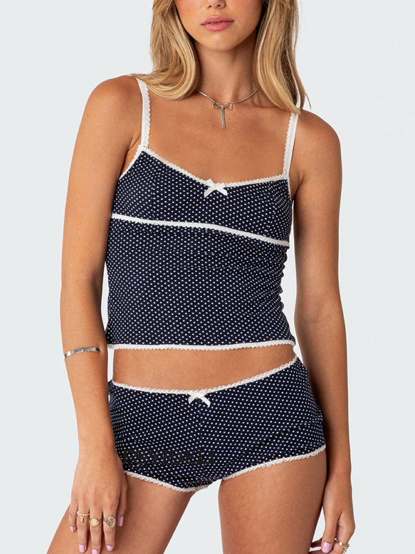 Levoire | Pour femmes nouveau moderne top à dos nu à pois avec des parties intérieures nettes ensemble sexy à deux pièces Violet-bleu ciel bleu marine