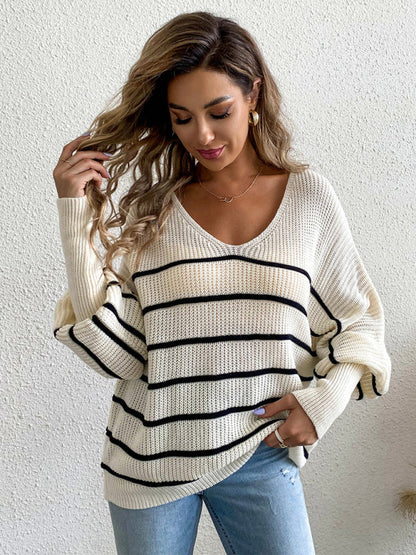 Levoire | Rouva décontracté loose rayé V-épaule longue manches pull