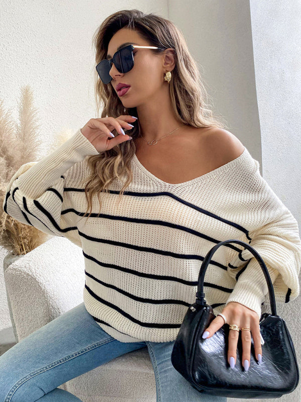 Levoire | Rouva décontracté loose rayé V-épaule longue manches pull