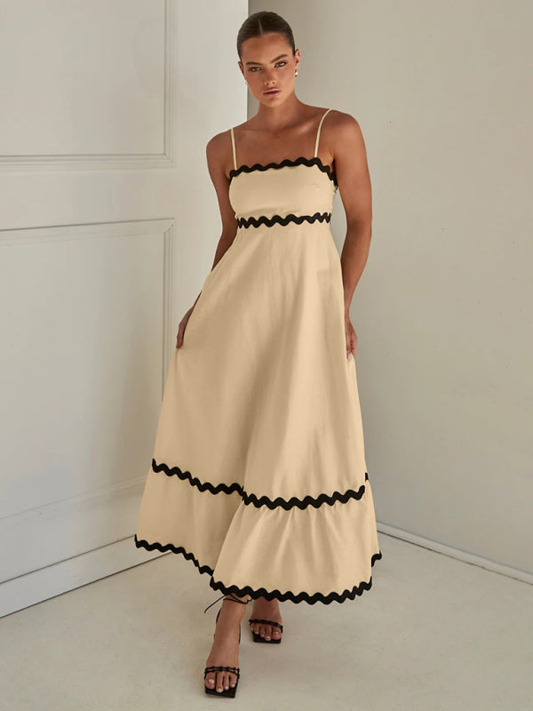 Levoire | Femme Bretelles Imprimé Couleur Contrastée Robe Longue Krakker khaki