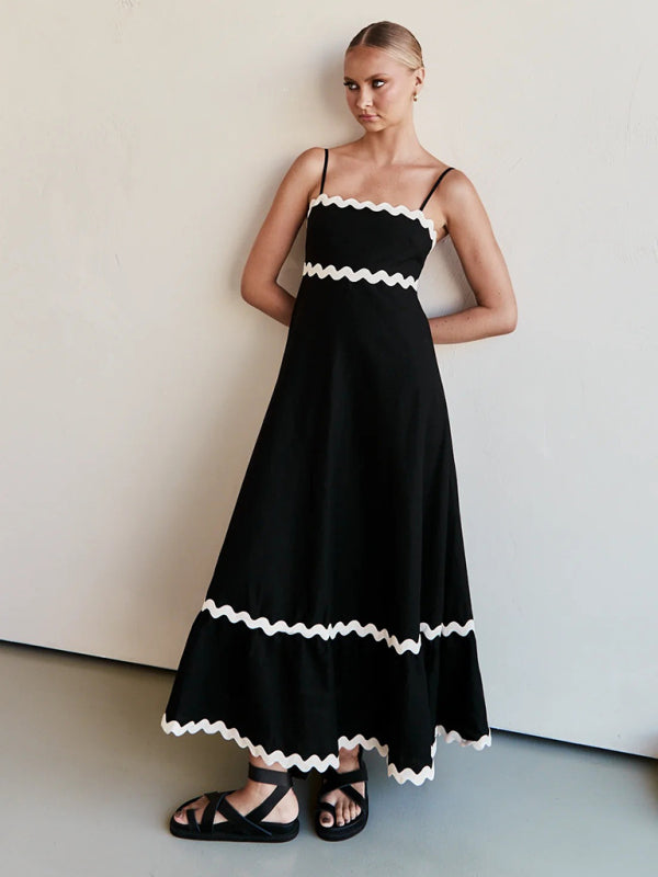 Levoire | Femme Bretelles Imprimé Couleur Contrastée Robe Longue Musta