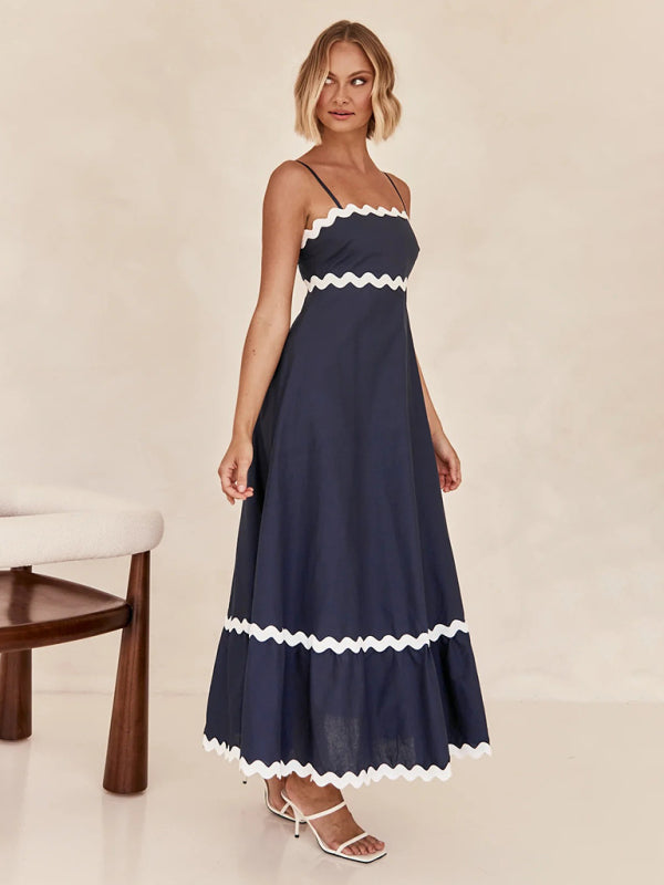 Levoire | Femme Bretelles Imprimé Couleur Contrastée Robe Longue Lila-sininen bleu foncé