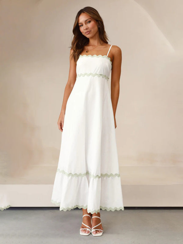Levoire | Femme Bretelles Imprimé Couleur Contrastée Robe Longue Blanc