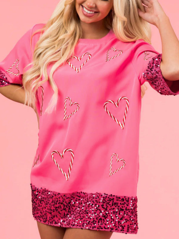 Levoire | Femmes Nouvelles T-shirt de mode pour la Saint-Valentin Décontracté Imprimé pour Femmes Paillettes T-shirt Long