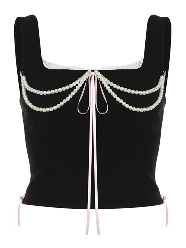 Levoire | Pour Femmes Nouveau Style Français Perle Porteuse Ajout de Dentelle Ceinture Gilet